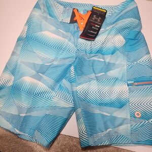 Under‎ Armour HeatGear Kids Swim Trunks Aqua White Geometric YLG